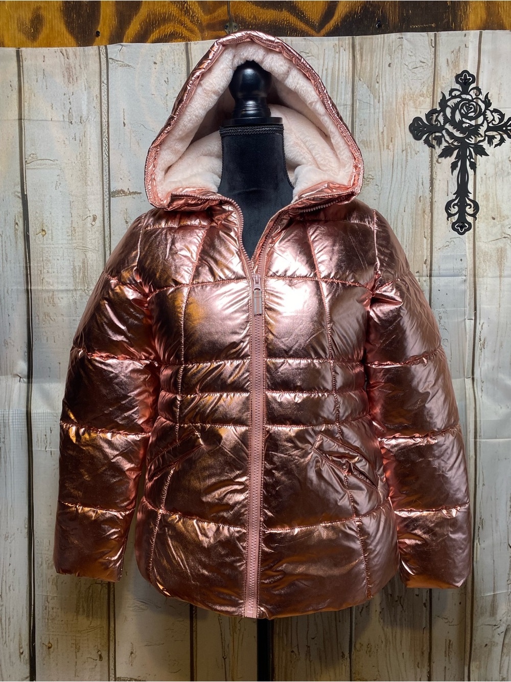 wonder nation Rose Gold Metallic Puffer Jacket with Hood Girls Sz-XL